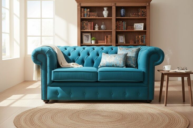 Chesterfield 2 Seater Cantare Teal Blue Easy Clean Fabric Sofa