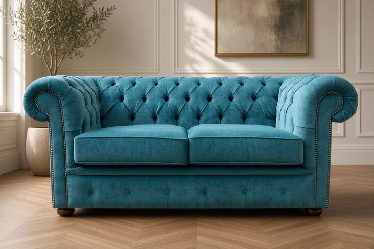 Chesterfield 2 Seater Settee Pimlico Petrol Fabric Sofa Offer