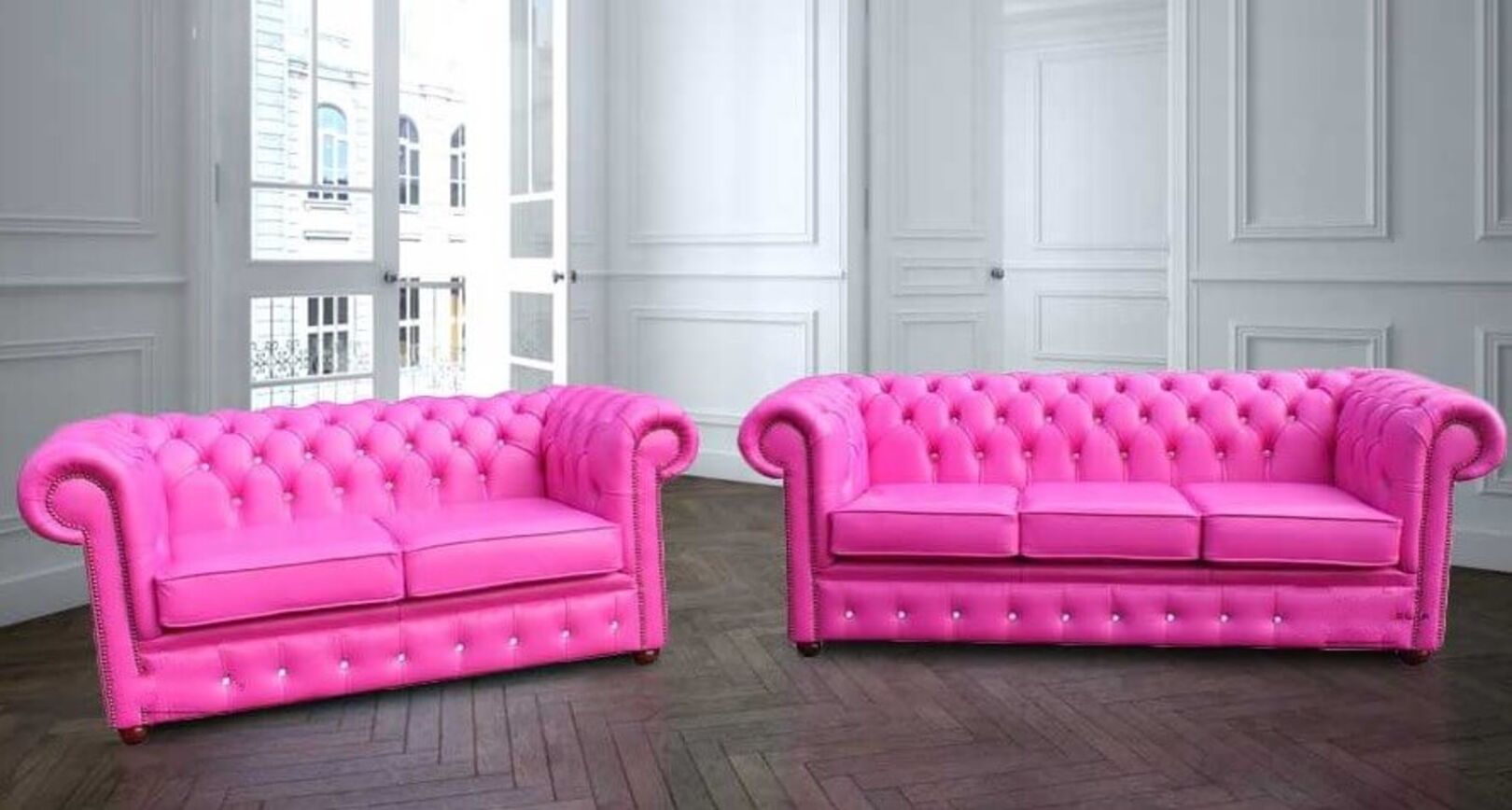 Pink Leather Chesterfield Sofa Suite, Bright Pink Leather Sofa