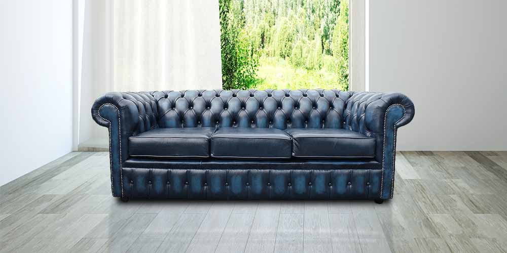 3 Seater Antique Blue Real Leather Sofa, Navy Blue Leather Sectional