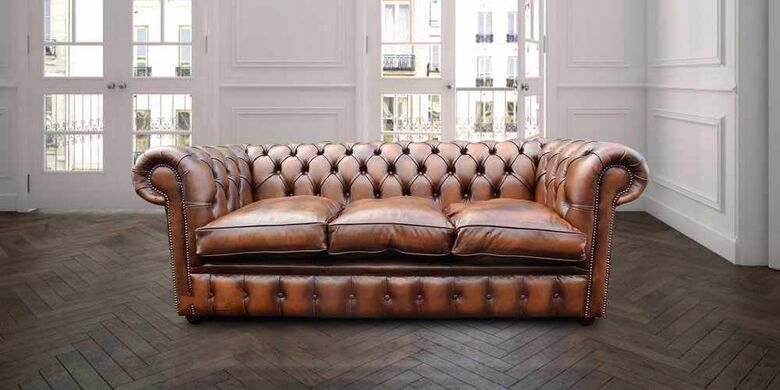Chesterfield 3 Seater Antique Tan Leather Sofa Settee Offer Fibre Filled Seating