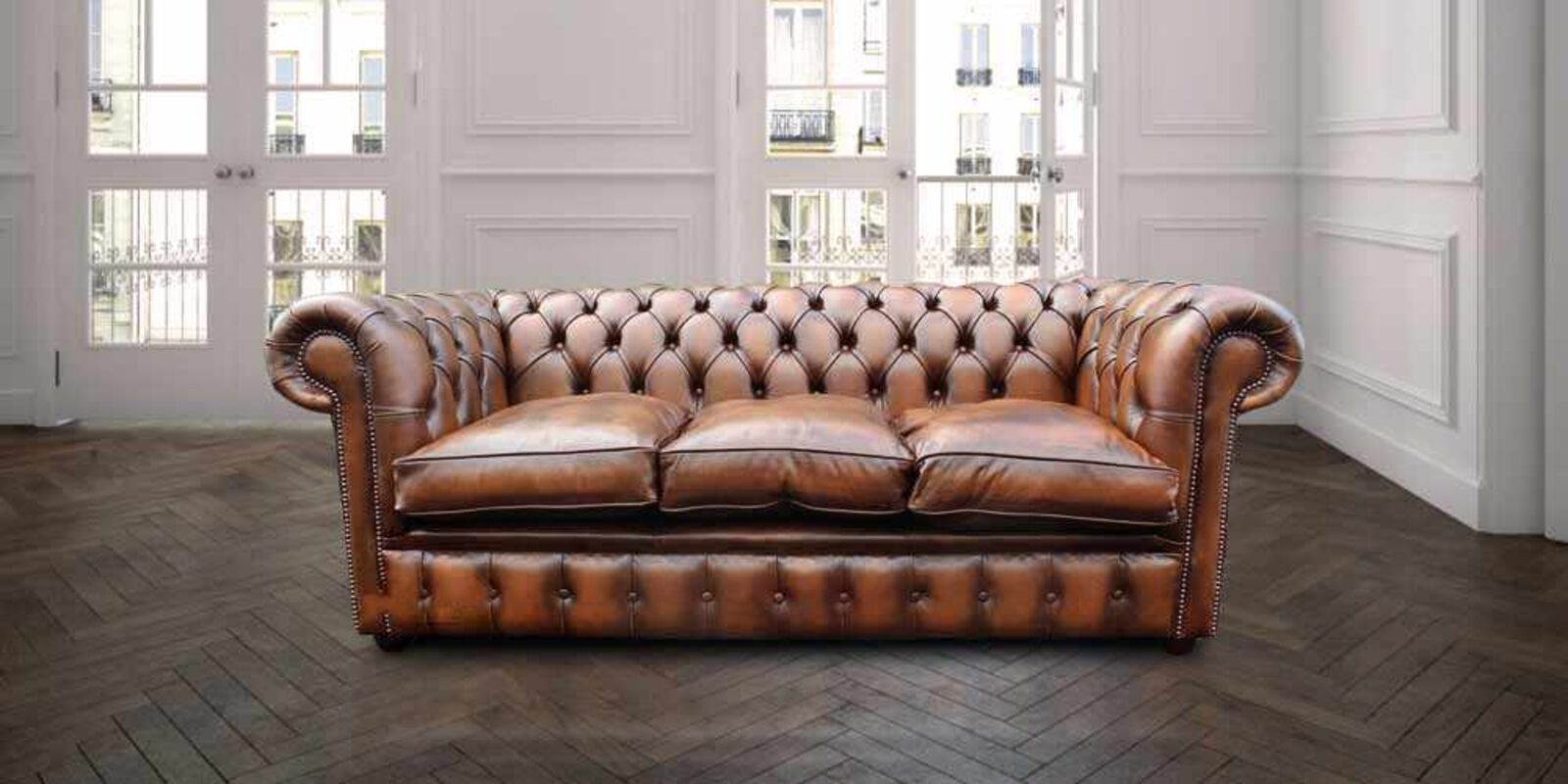 Product photograph of Chesterfield 3 Seater Antique Tan Leather Sofa Settee Offer Fibre Filled Seating from Designer Sofas 4U