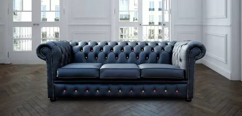 Chesterfield 3 Seater Black Leather Sofa Pink/Yellow Buttons Offer