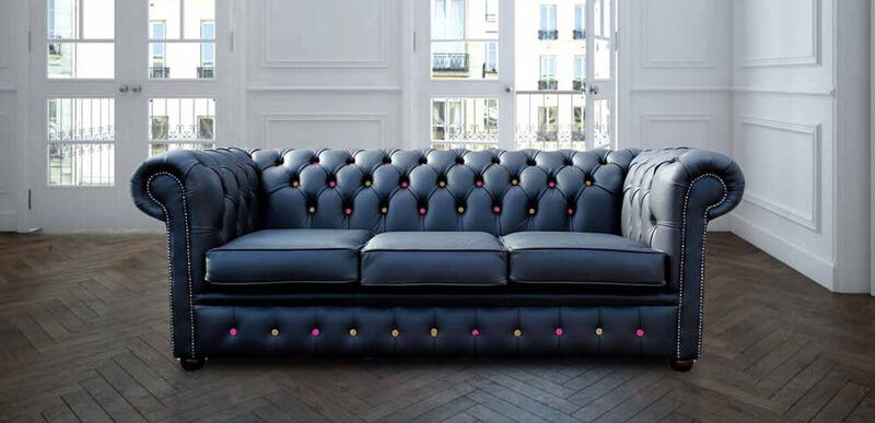 Product photograph of Chesterfield 3 Seater Black Leather Sofa Pink Yellow Buttons Offer from Designer Sofas 4U