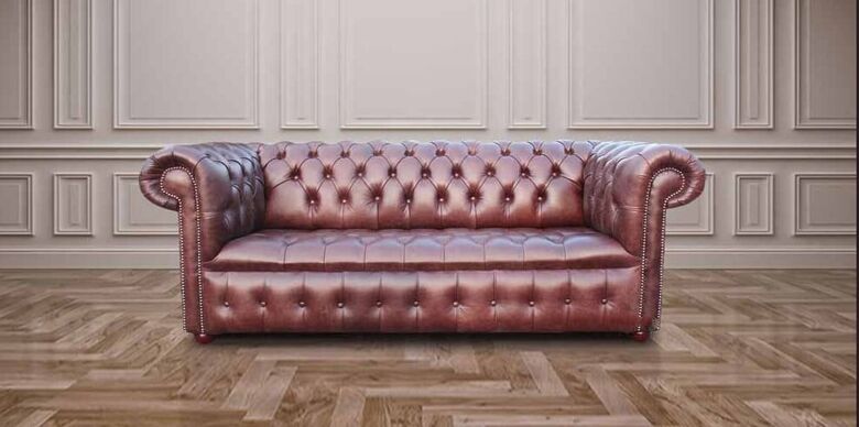 Chesterfield 3 Seater Settee Buttoned Seat Old English Hazel Real Leather Sofa