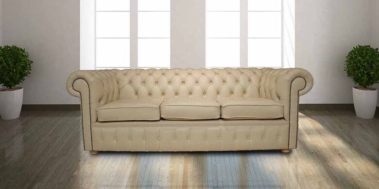 Chesterfield Genuine 3 Seater Sofa Settee Shelly Cream Real Leather