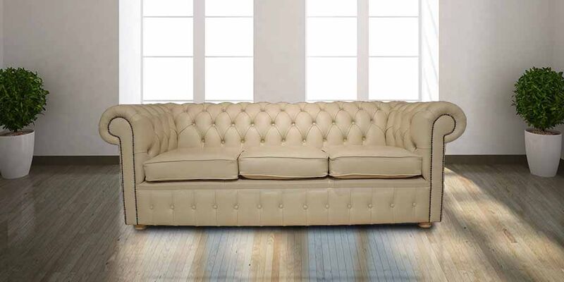 Product photograph of Chesterfield Genuine 3 Seater Sofa Settee Shelly Cream Real Leather from Designer Sofas 4U