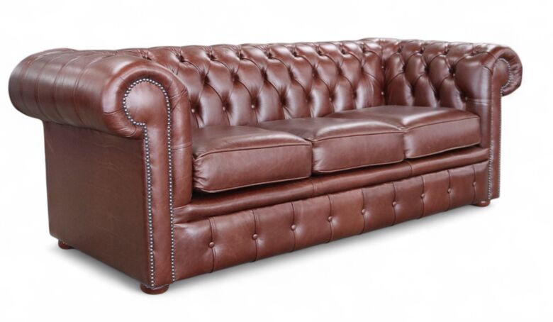 Chesterfield 3 Seater Settee Old English Red Brown Leather Sofa