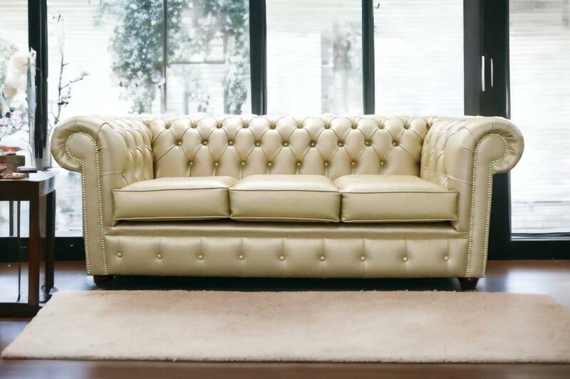 Product photograph of Chesterfield 3 Seater Sofa Settee Metallic Gold Real Leather from Designer Sofas 4U