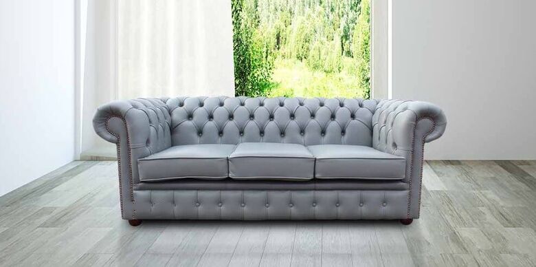 Chesterfield 3 Seater Sofa Settee Vele Iron Grey Real Leather