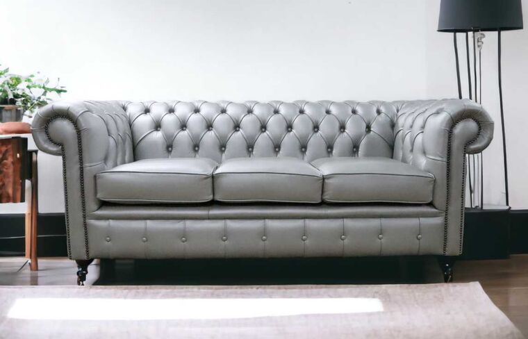 Chesterfield 3 Seater Sofa Settee Metallic Silver Real Leather