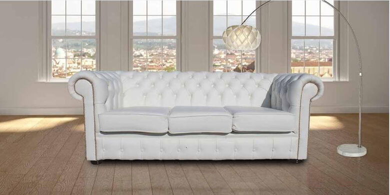 Chesterfield 3 Seater Sofa Settee White Leather Brass Studs