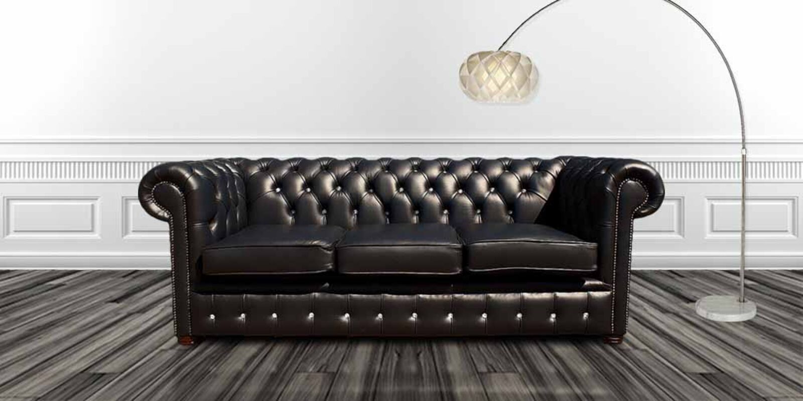 Product photograph of Black Leather Chesterfield 3 Seater Crystallized Diamond Sofa Offer from Designer Sofas 4U