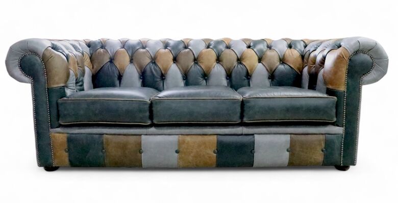 Chesterfield 3 Seater Vintage Patchwork Leather Cracked Wax Sofa Settee