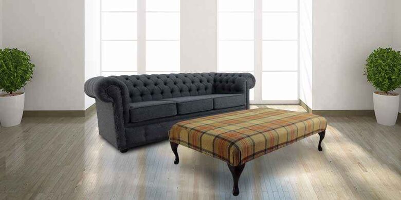Chesterfield Arnold Wool 3 Seater Sofa Settee Glamis Glacier Grey + Footstool Beningborough Goldcrest