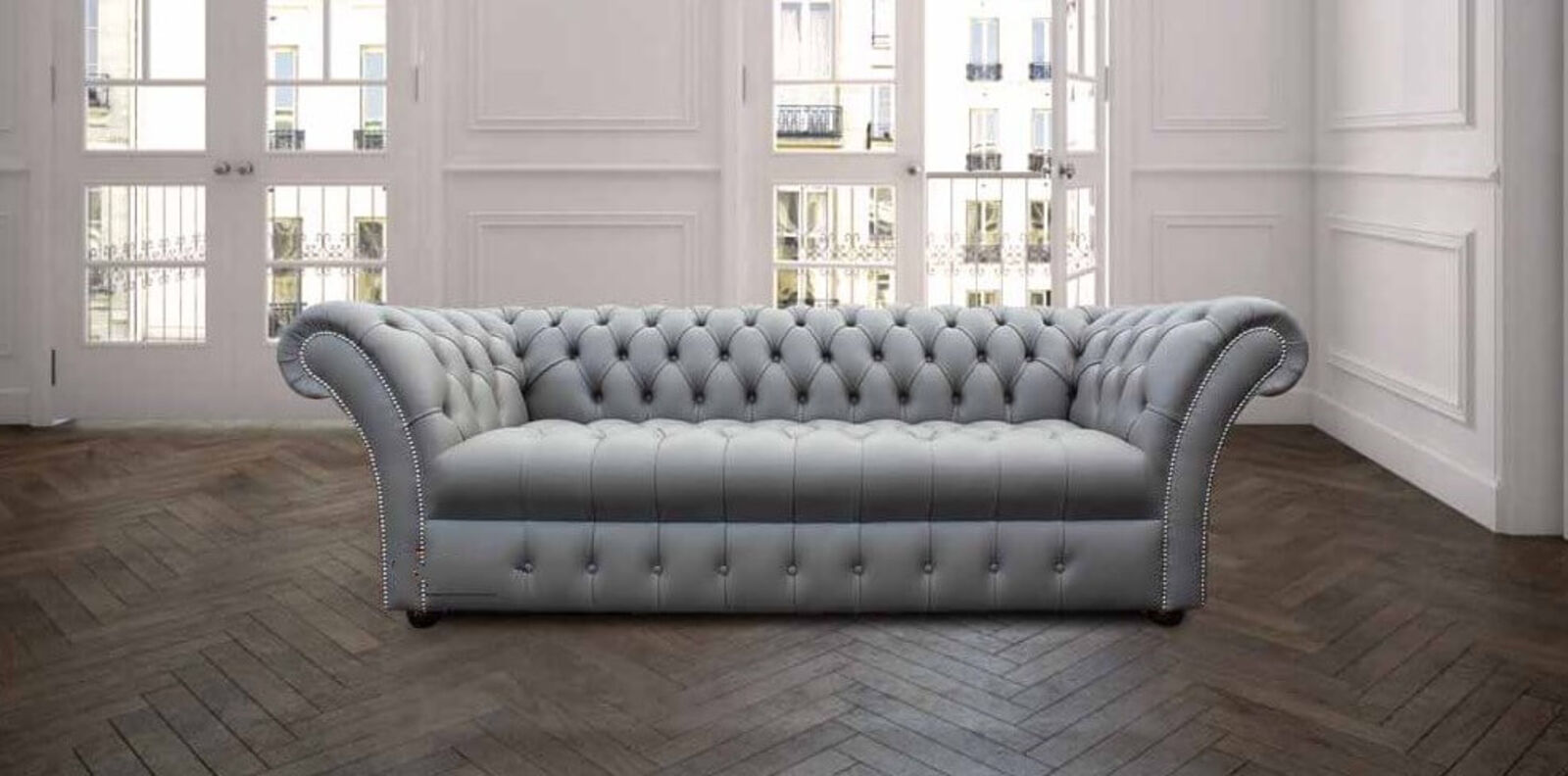 Product photograph of Chesterfield Cliveden 3 Seater Sofa Settee Buttoned Seat Silver Grey Leather from Designer Sofas 4U
