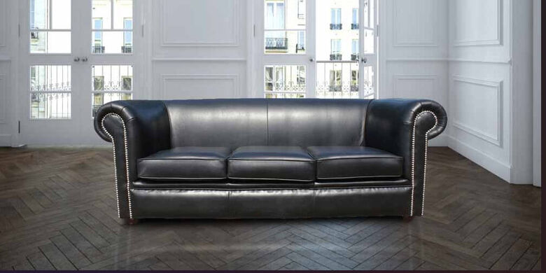 Chesterfield Berkeley 1930 3 Seater Settee Old English Black Leather Sofa