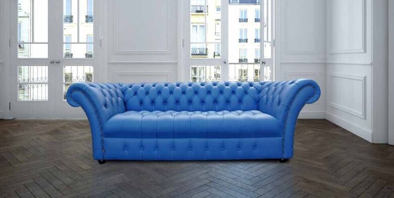 Chesterfield Blenheim 3 Seater Sofa Settee Buttoned Seat Deep Ultramarine Blue Leather