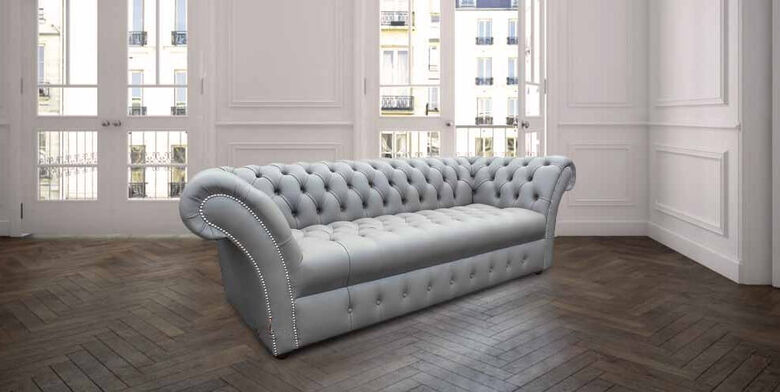 Chesterfield Blenheim 3 Seater Sofa Settee Buttoned Seat Silver Grey Leather