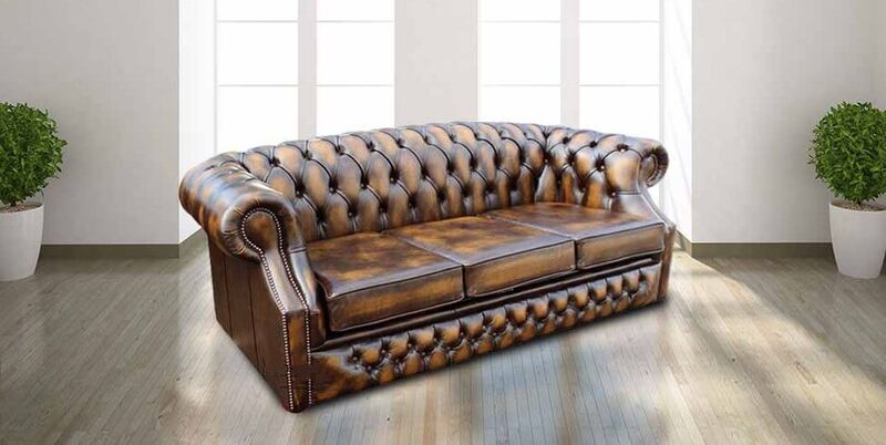 Product photograph of Chesterfield Buckingham 3 Seater Antique Gold Leather Sofa Offer from Designer Sofas 4U