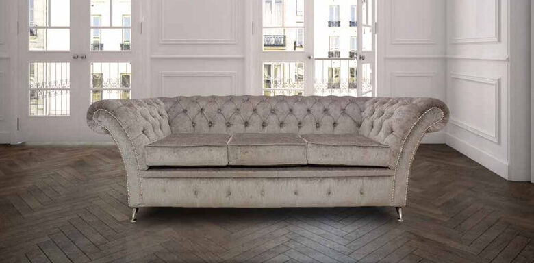 Chesterfield Cambridge 3 Seater Sofa Settee Perla Illusions Grey Fabric Chrome Feet/Studding