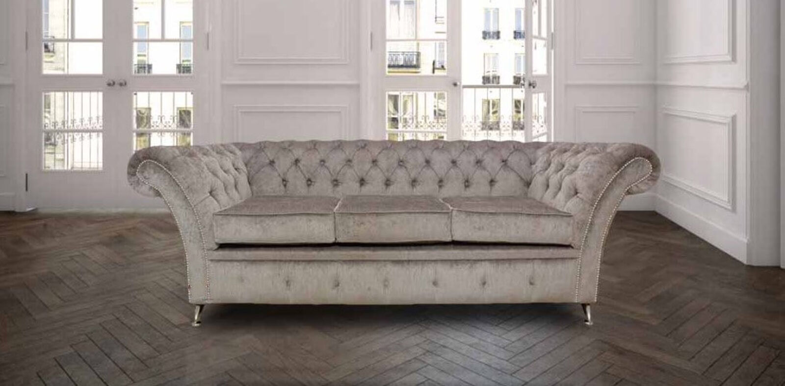 Product photograph of Chesterfield Cambridge 3 Seater Sofa Settee Perla Illusions Grey Fabric Chrome Feet Studding from Designer Sofas 4U