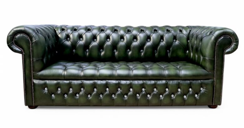 Chesterfield Crystallized Diamond Antique Green Leather Sofa