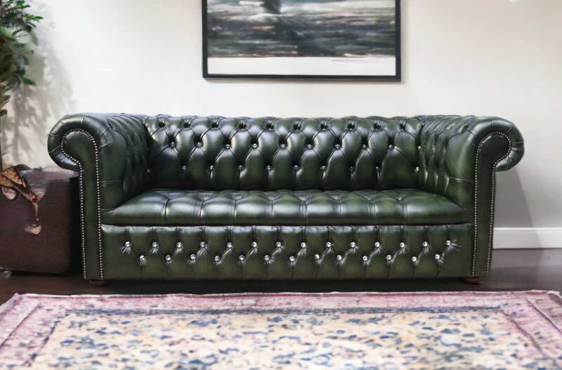 Product photograph of Chesterfield Crystallized Diamond Antique Green Leather Sofa from Designer Sofas 4U