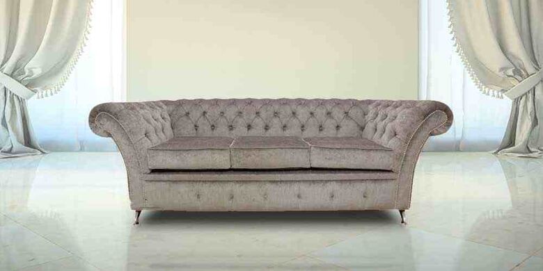 Chesterfield Drummond 3 Seater Sofa Settee Perla Illusions Grey Fabric Chrome Feet/Studding