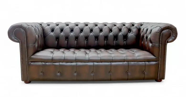 Chesterfield Edwardian Buttoned Seat 3 Seater Leather Sofa Antique Brown