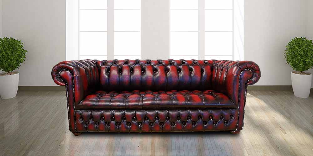 Oxblood Chesterfield Edwardian Leather, Oxblood Red Chesterfield 3 Seater Leather Sofa