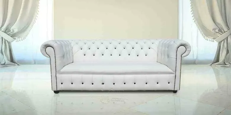 Chesterfield Fixed Seat Leather Sofa Offer White Leather Black Buttons