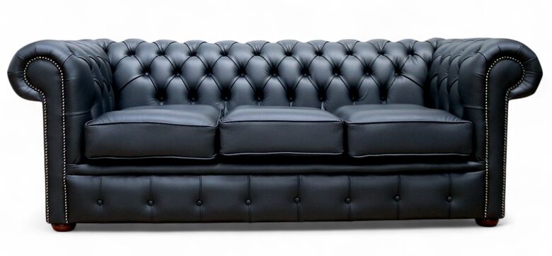 Chesterfield Handmade 3 Seater Shelly Black Real Leather Sofa