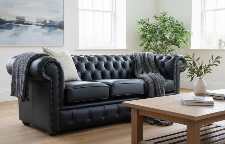 Chesterfield Handmade 3 Seater Shelly Black Real Leather Sofa