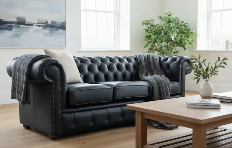 Chesterfield Handmade 3 Seater Shelly Black Real Leather Sofa