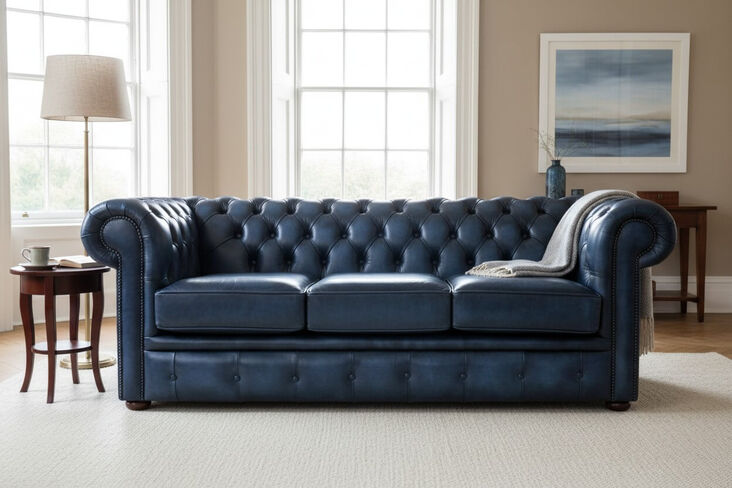 Chesterfield Handmade 3 Seater Sofa Antique Blue Real Leather
