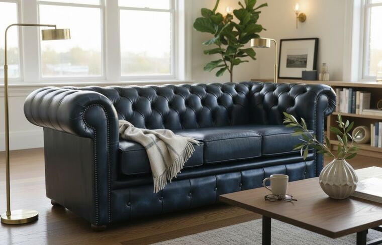 Chesterfield Handmade 3 Seater Sofa Antique Blue Real Leather