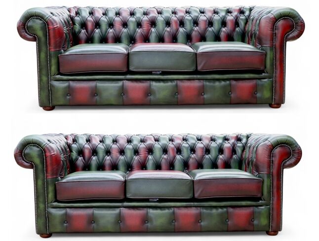 Chesterfield Leather Patchwork 3+3 Sofa Suite Antique Leather Antique Green / Oxblood