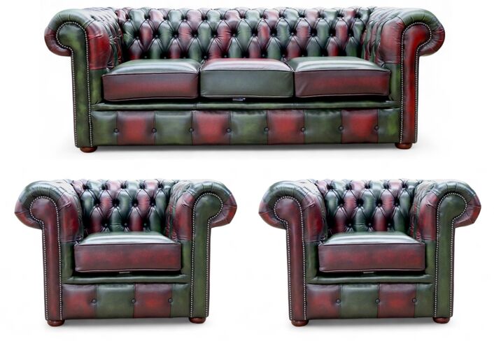 Chesterfield Leather Patchwork 3 + Club + Club Sofa Suite Antique Leather Antique Green / Oxblood
