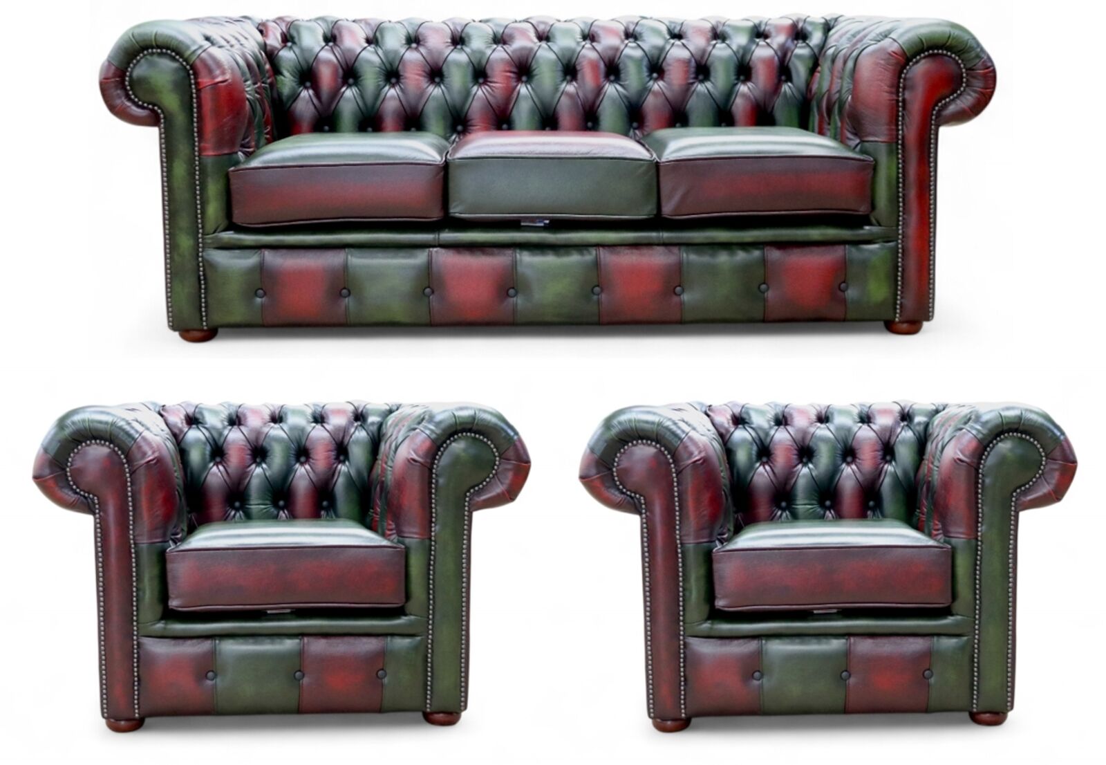 Chesterfield Leather Patchwork 3 + Club + Club Sofa Suite Antique Leather Antique Green / Oxblood