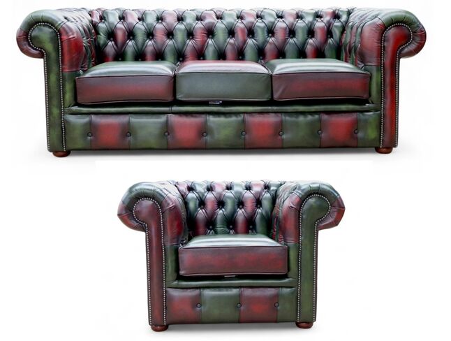Chesterfield Leather Patchwork 3 + Club Sofa Suite Antique Leather Antique Green / Oxblood