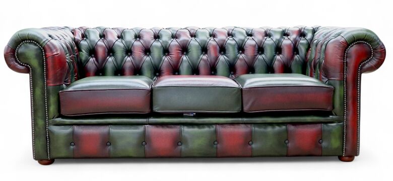 Chesterfield Leather Patchwork 3 Seater Sofa Antique Leather Antique Green / Oxblood