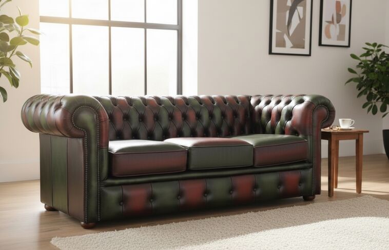 Chesterfield Leather Patchwork 3 Seater Sofa Antique Leather Antique Green / Oxblood