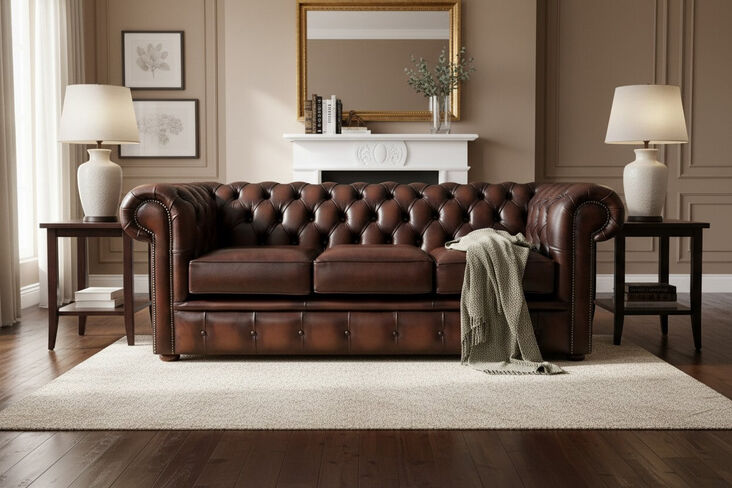 Chesterfield London 3 Seater Sofa Settee Antique Brown Leather