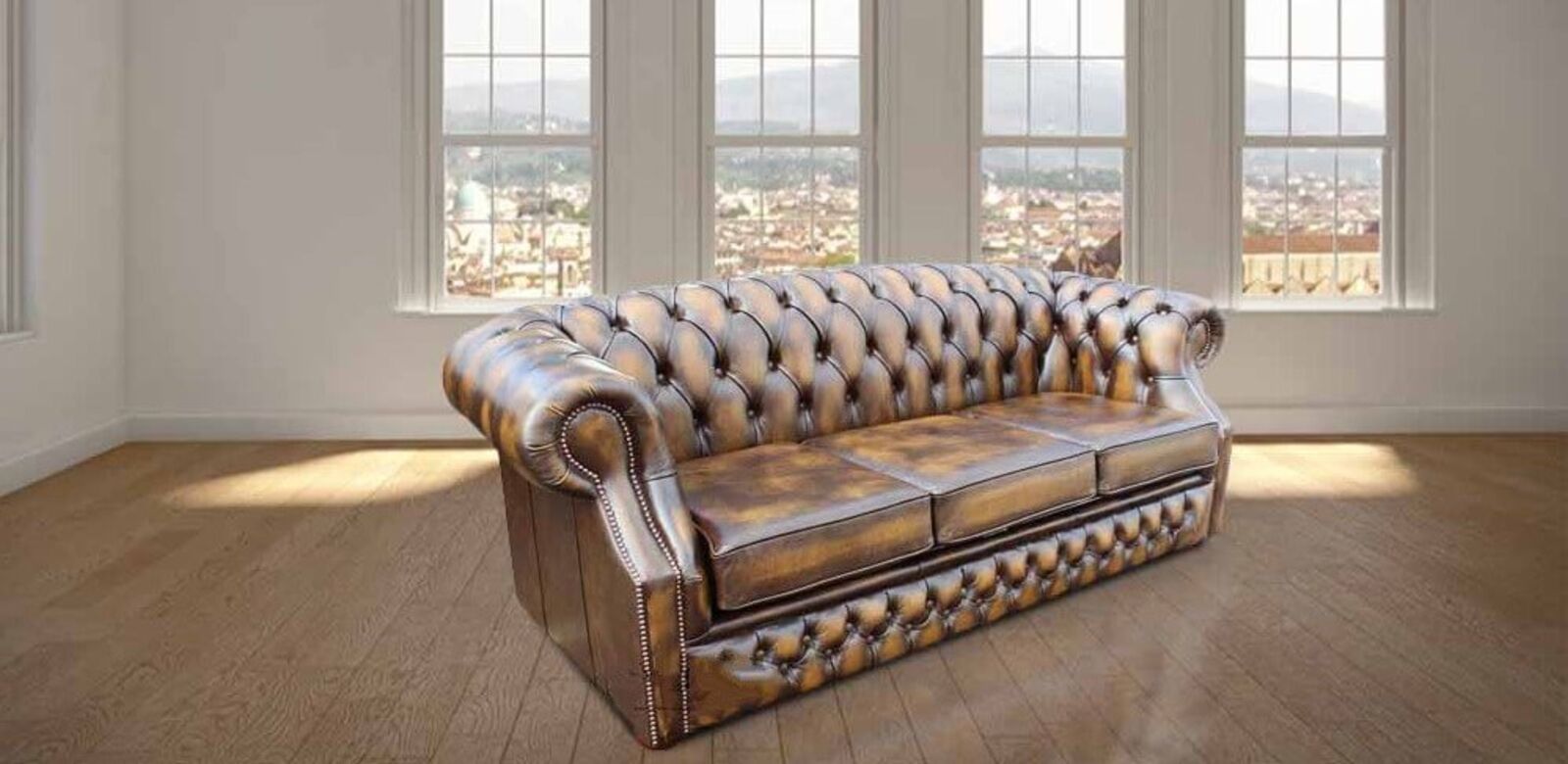 Product photograph of Chesterfield Oxley 3 Seater Antique Gold Leather Sofa Offer from Designer Sofas 4U