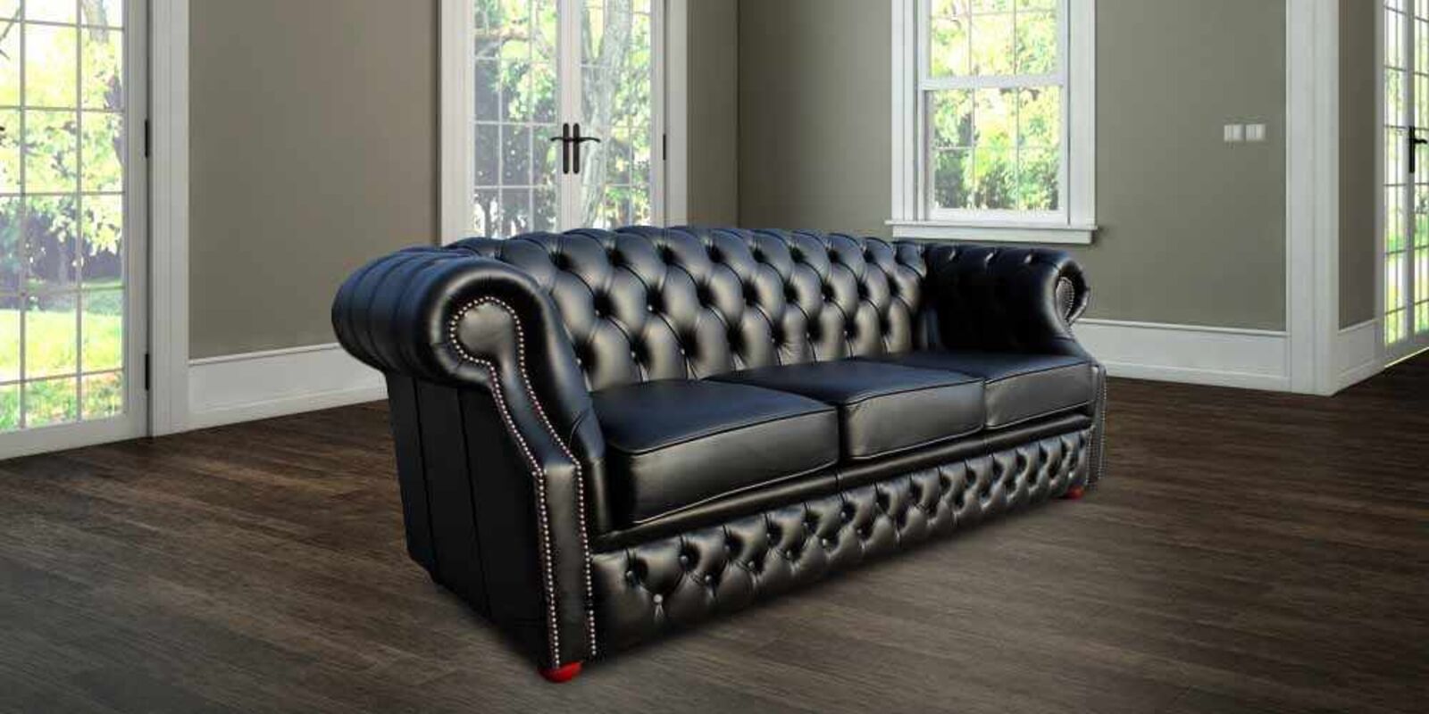 Product photograph of Chesterfield Oxford 3 Seater Shelly Black Leather Sofa from Designer Sofas 4U