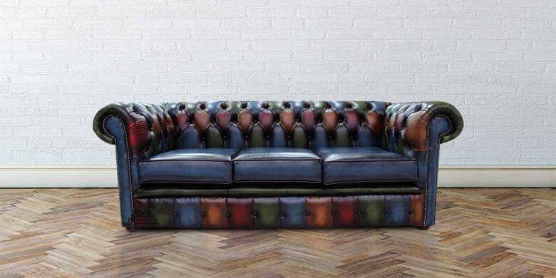 Chesterfield Patchwork 3 Seater Sofa Settee Antique Real Leather