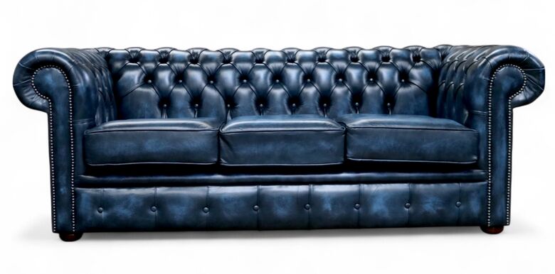 Chesterfield Handmade 3 Seater Sofa Antique Blue Real Leather