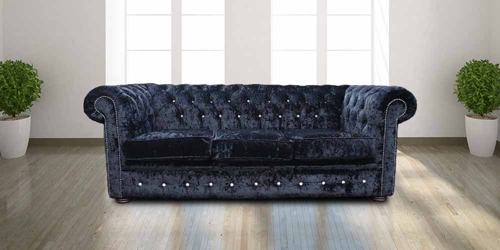 Black Velvet Beauty Crystal Diamond 3 Seater Sofa by Chesterfield