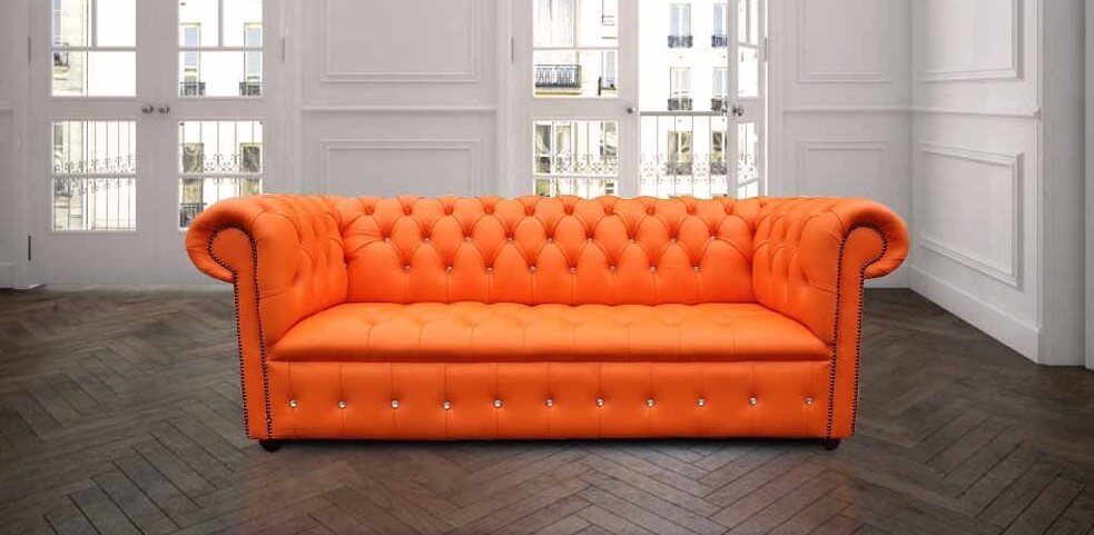 Bright Orange Leather Chesterfield, Orange Leather Sofa